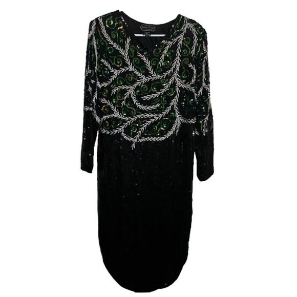Jean for Joseph Le Bon Silk Sequin Beaded Dress Long Sleeve Evening Wear Vtg L - Picture 9 of 11